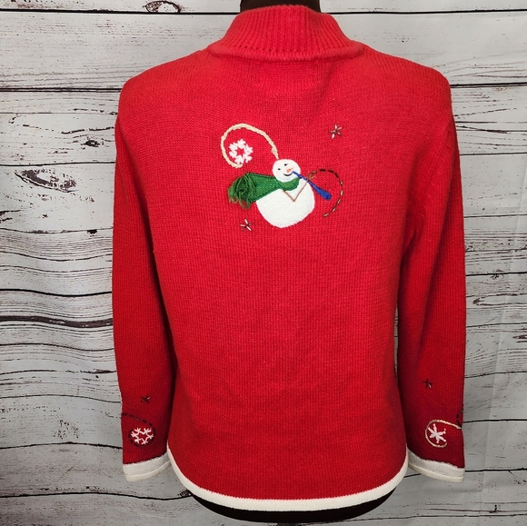Designer Originals Red‎ Snowman Christmas Zippered Cardigan Size Small - Picture 7 of 10